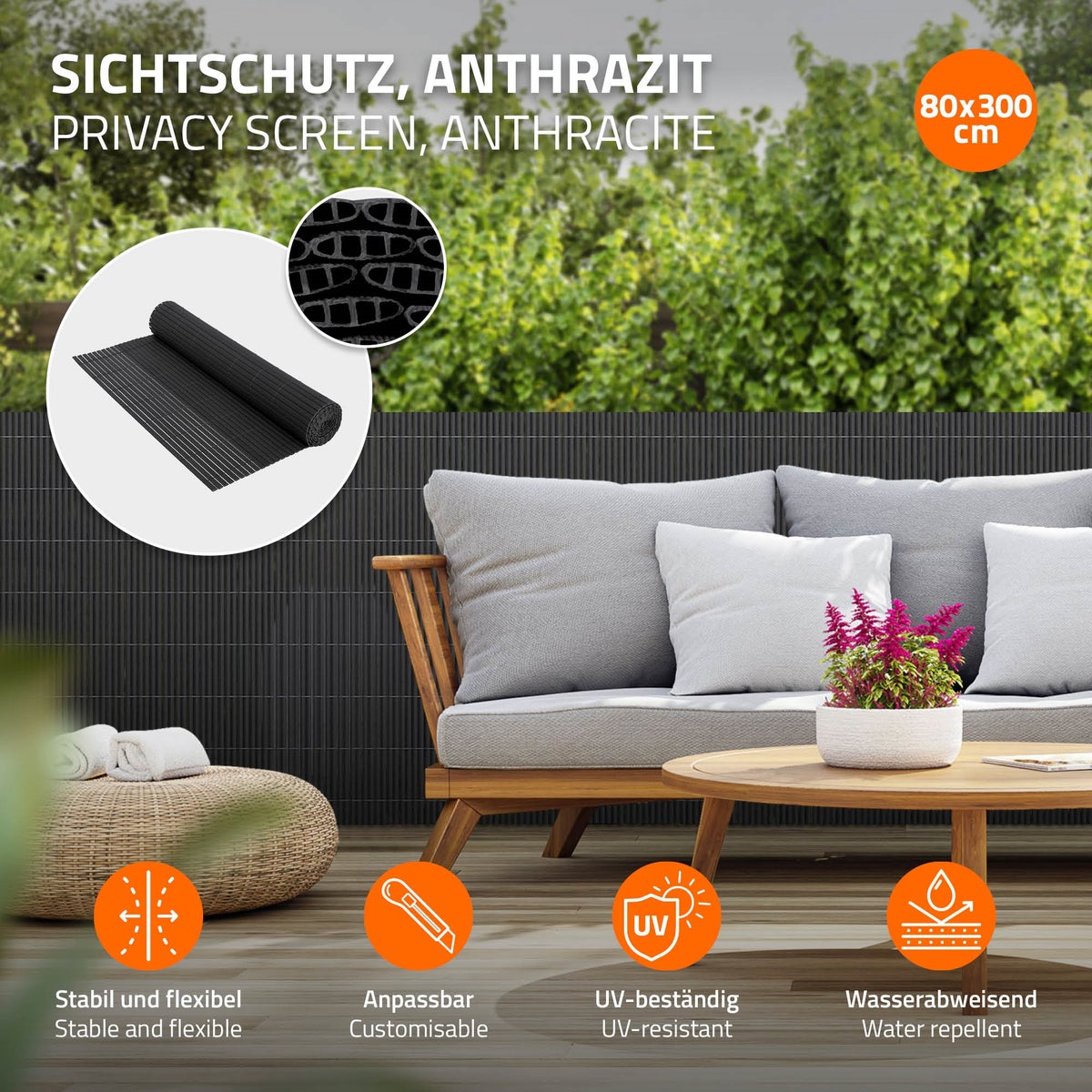 ECD Germany PVC-inkijkschermmat 80x300 cm, antraciet, inkijkscherm met 3-voudige wapening, UV-bestendig, waterdicht, windwerend, balkonbekleding, schuttingscherm, inkijkscherm voor tuin, balkon, terras
