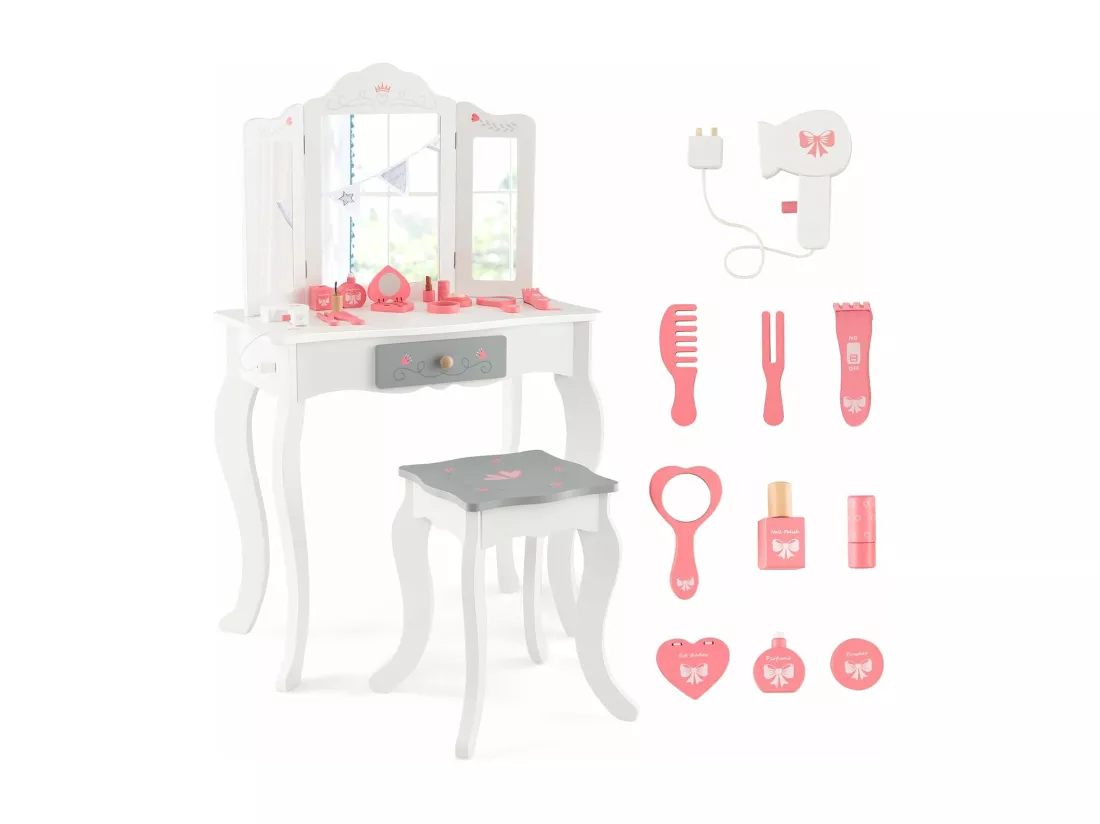 2 en 1 Coiffeuse Enfants avec Tabouret & Miroir Détachable à 3 Volets, Table de Maquillage en Motif Couronne avec 10 Jouets d'Habillage, Tiroir Pratique, Charge 50kg pour Enfants de 3 Ans+
