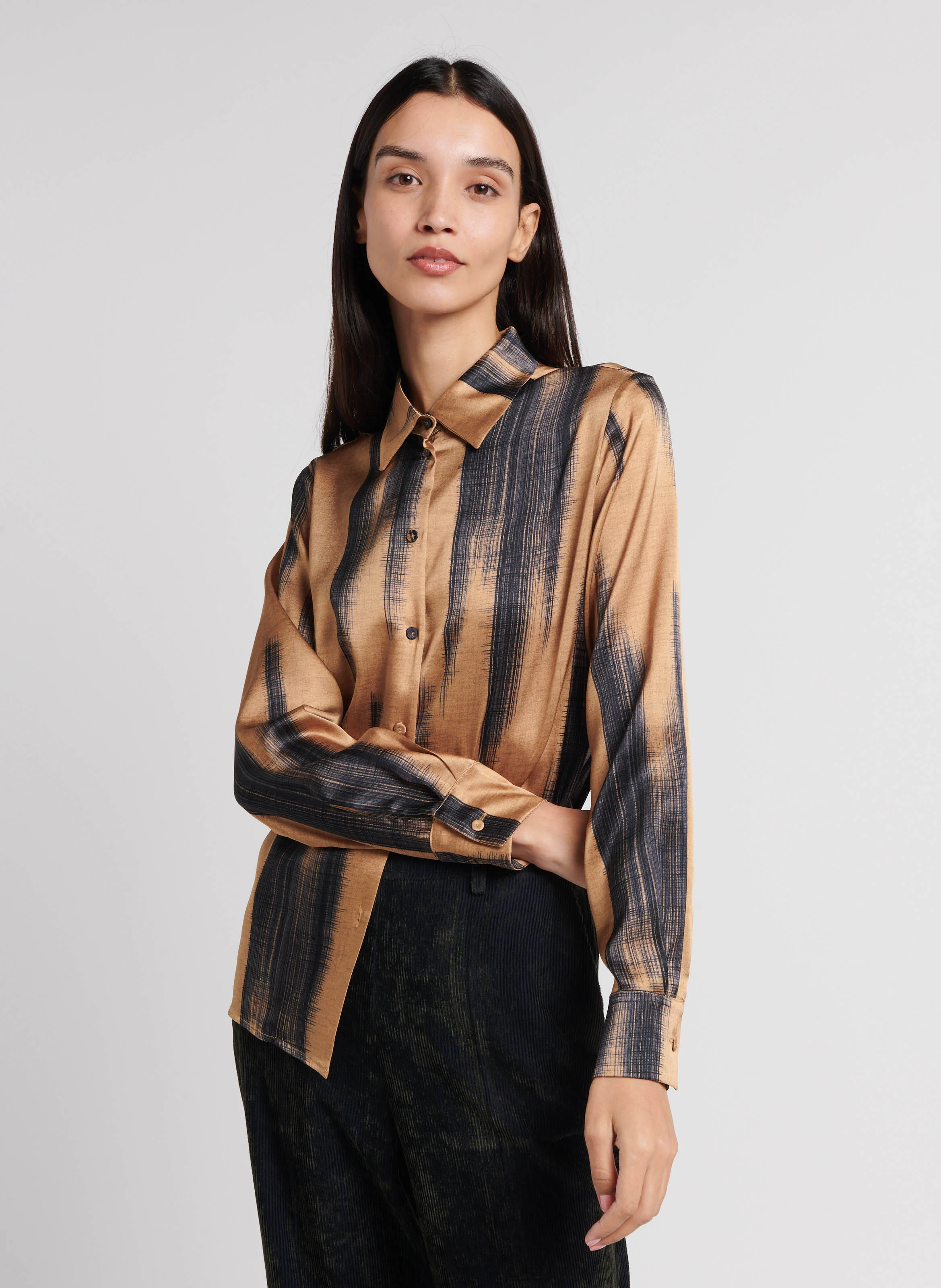 SIMON - Chemise droite col classique imprimée en soie mélangée | Doré