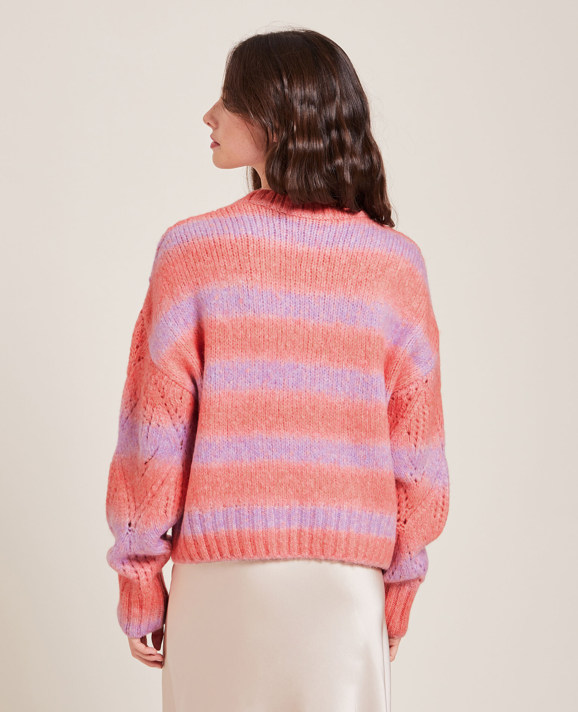 Pull bicolore maille ajourée - Rose fuchsia