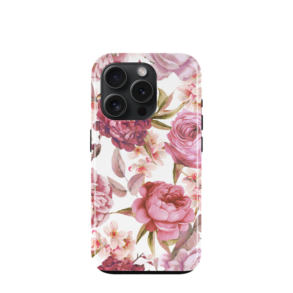 iPhone 15 Pro Hybrid (Kunststoff / Gummi) Hülle Wildrosen - Pink