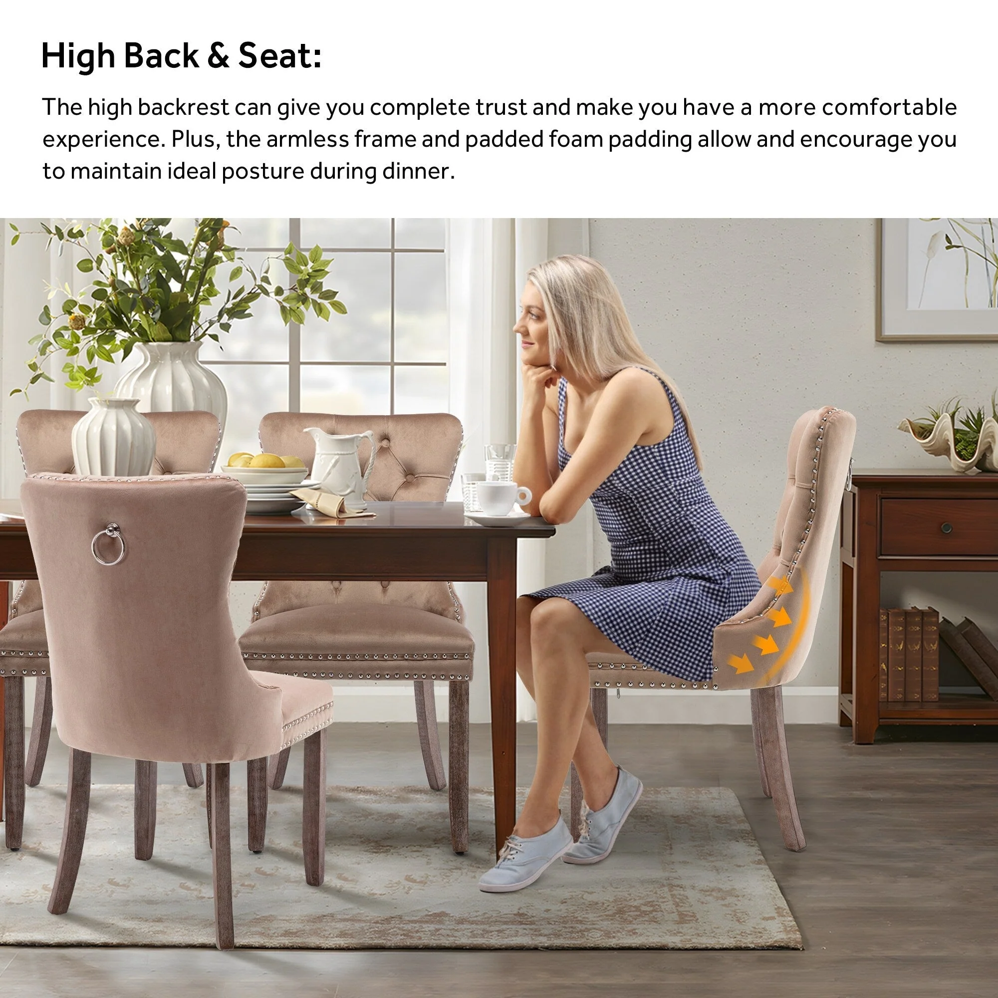 Upholstered Tufted Velvet Dining Chair with Solid Wood Legs Set of 6