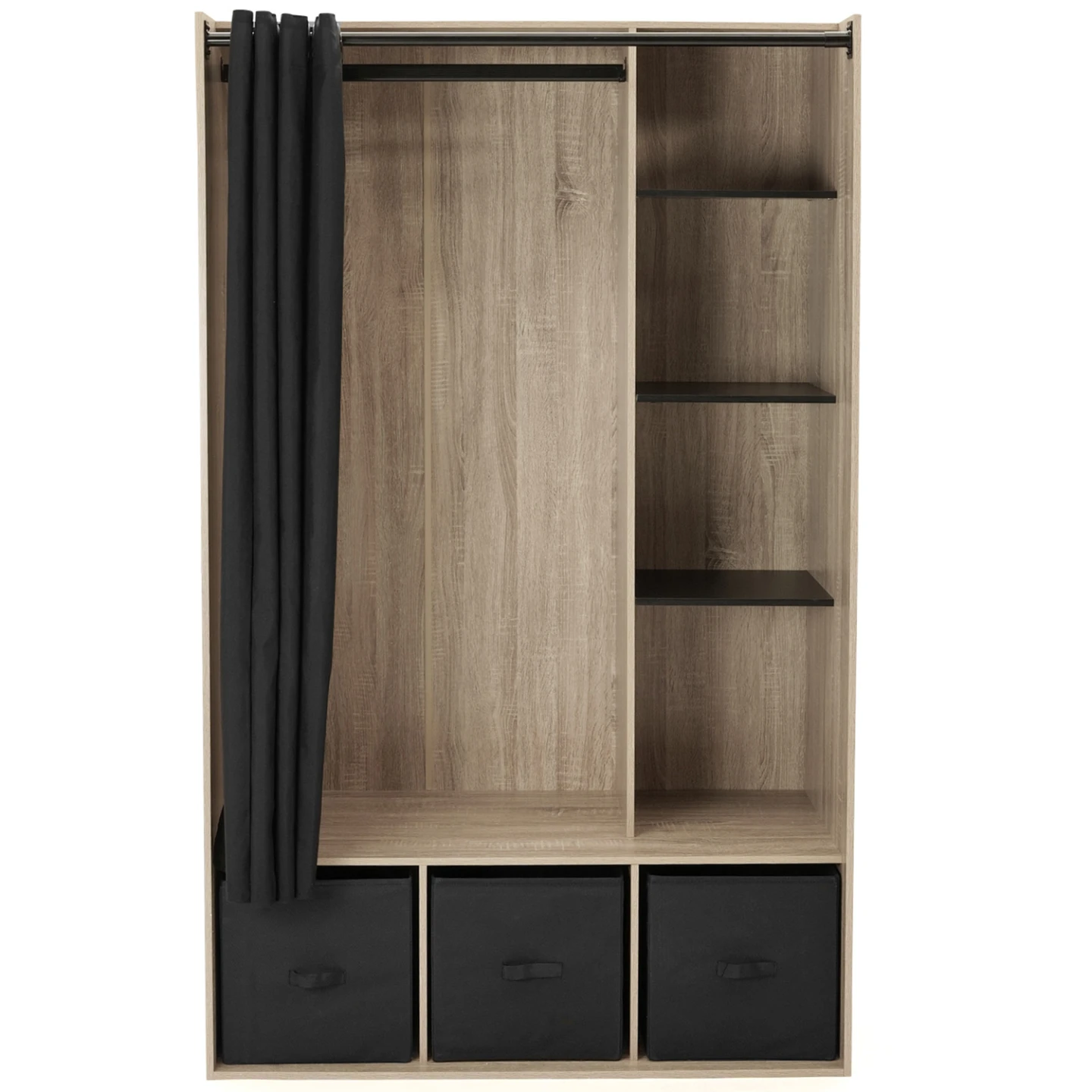 Dressing penderie DIANE 105 x 50 x 172 cm hêtre avec étagères + boites de rangement + rideau noir