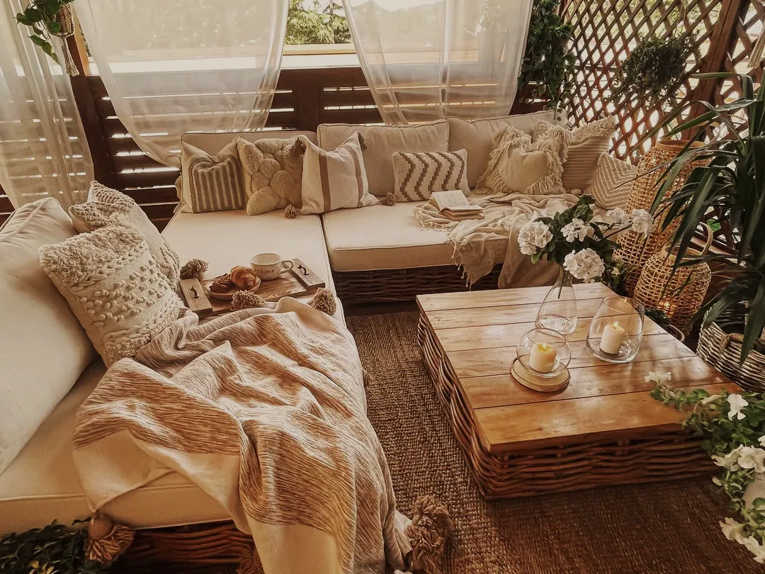 Loungeset met tafel 4-zits VARALLO rechtszijdig modulair Rotan Natuurlijk