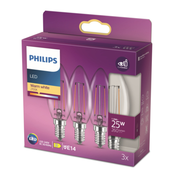 Philips LED kaars E14 1,9W 3 stuks filament helder niet dimbaar
