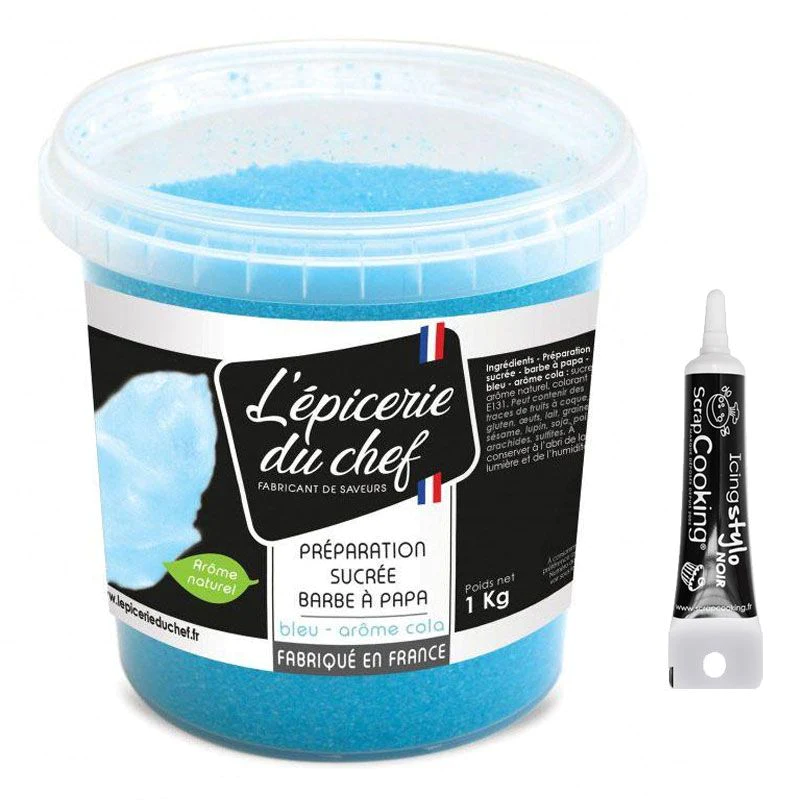 Sucre barbe à papa bleu 1 kg + Stylo glaçage noir Scrapcooking