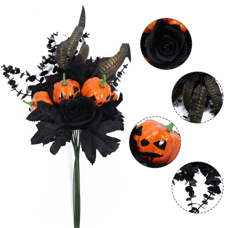 (55cm) Gruseliger Deko Blumenstrauss Party Accessoire Kürbis Kunstblumen Zubehör für Halloween / Motto Party - Schwarz