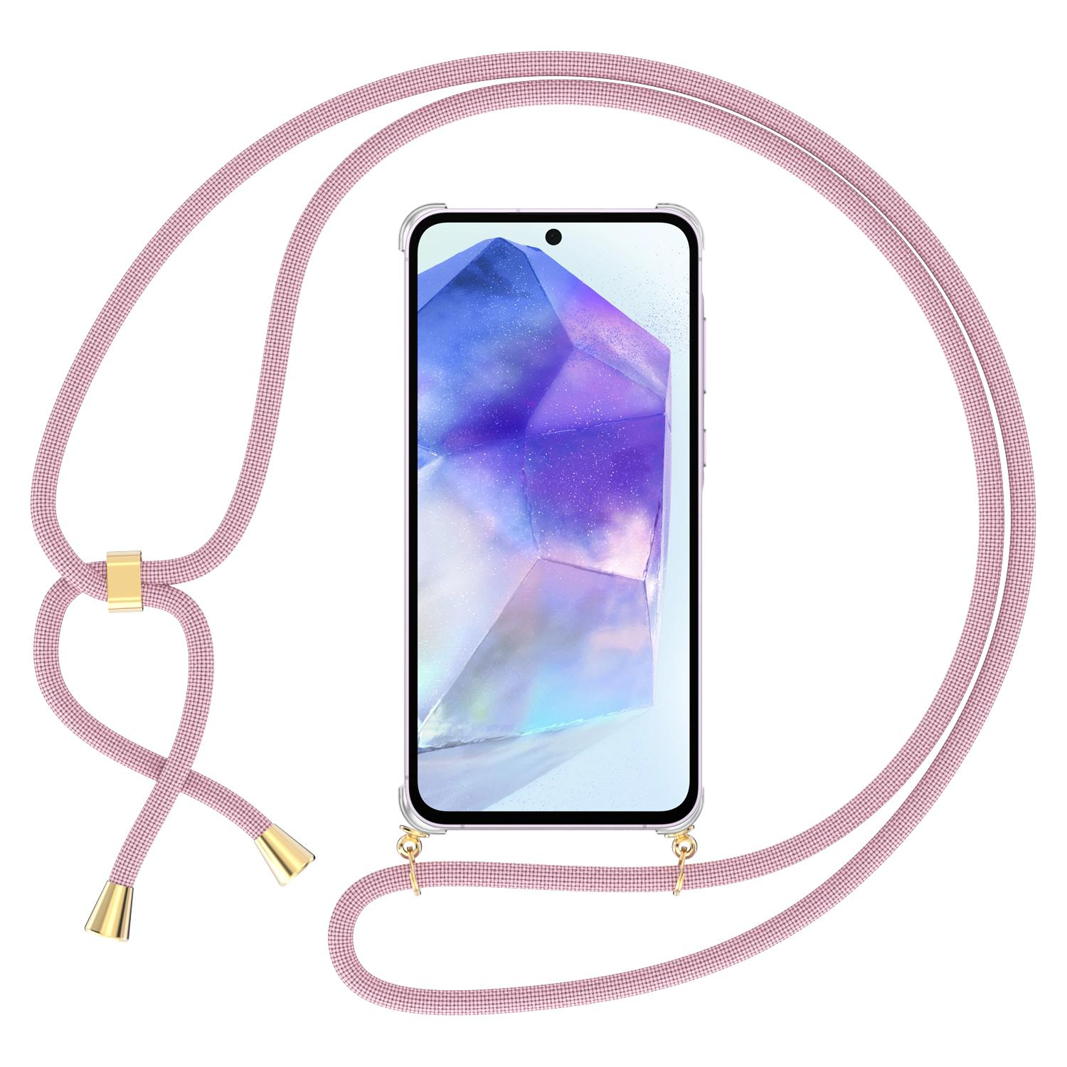 Samsung Galaxy A35 Necklace Gummi Hülle Air Cushion Fallschutz   Handykette (150cm) - Rosa / Gold