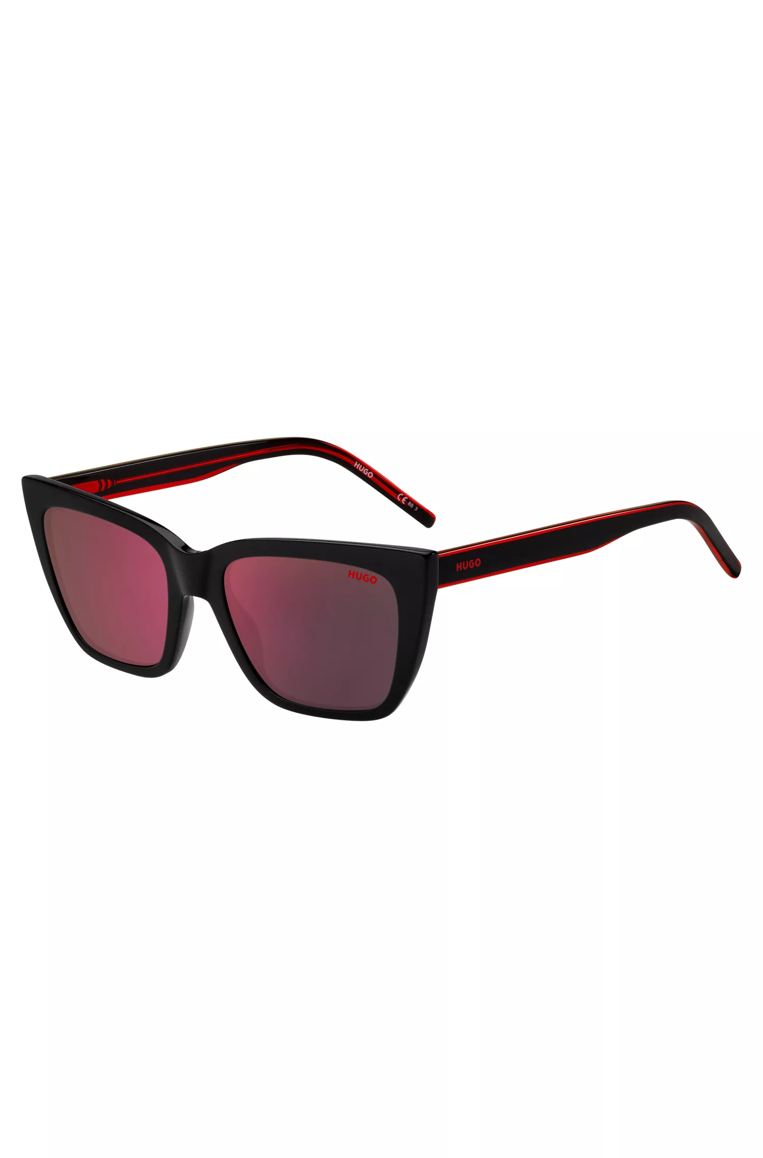Óculos de sol HUGO Red-Two-tone em acetato vermelho e preto e carbono.