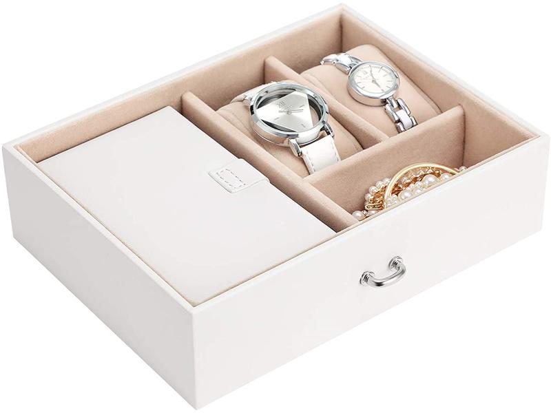Songmics Schmuckschatulle mit 3 Ebenen, Weiss, Kunstleder Schmuckbox abschliessbar