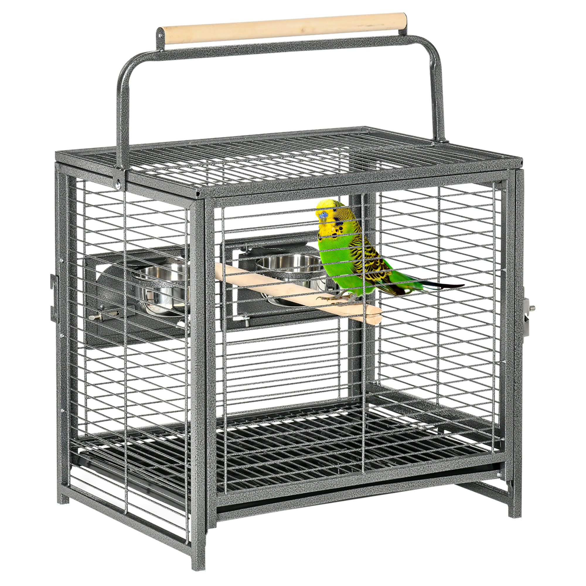 Gaiola portátil PawHut para pássaros, com 2 poleiros de madeira, 2 comedouros de aço inoxidável e bandeja removível para periquitos e canários, 48x38x47,8 cm, preta.
