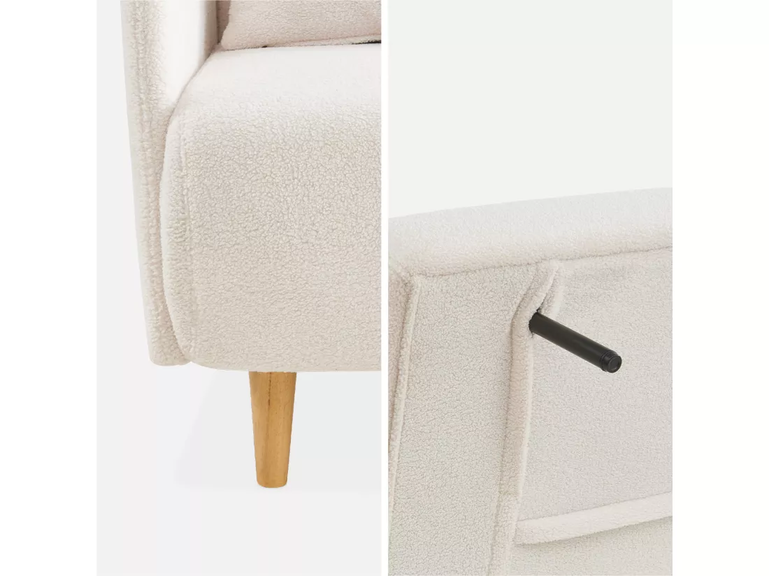 Canapé convertible 2 places scandinave - Panam - pieds bois. bouclettes blanches. banquette. dossier inclinable