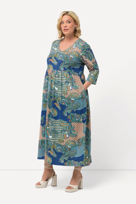 Jerseykleid, Paisleymuster, A-Linie, V-Ausschnitt, 3/4-Arm
