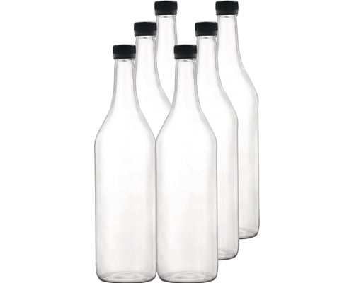 Rechthalsfles inclusief PP28 schroefdop, zwart, 1 L, 6 stuks.