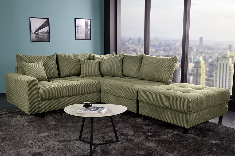 Riess Ambiente Modernes Ecksofa Kent 220cm - grün - Cord inkl. Hocker L-Form Wohnlandschaft mit Federkern bequem Couch