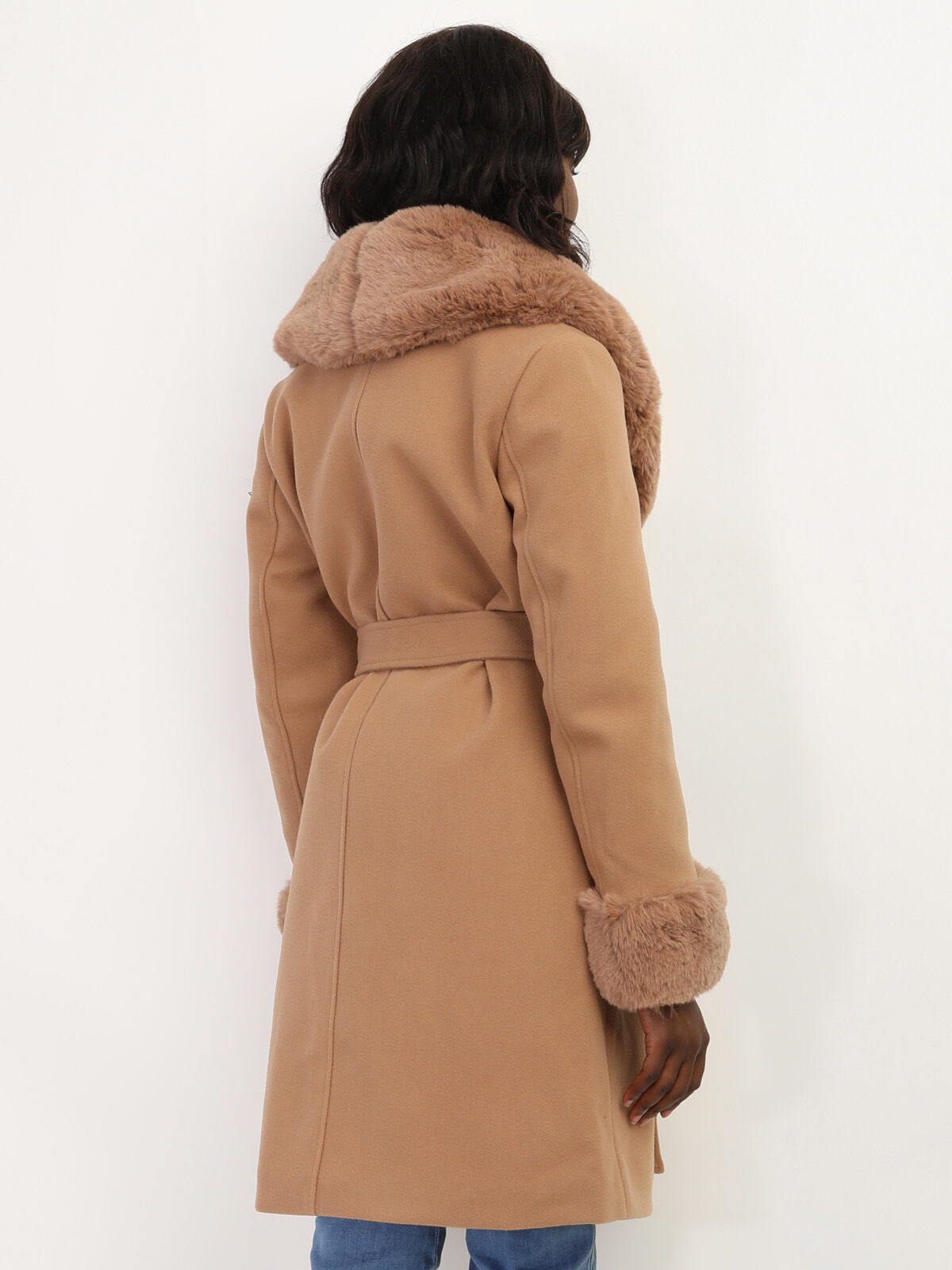 Manteau bi-matière à col et manches fourrés- Camel