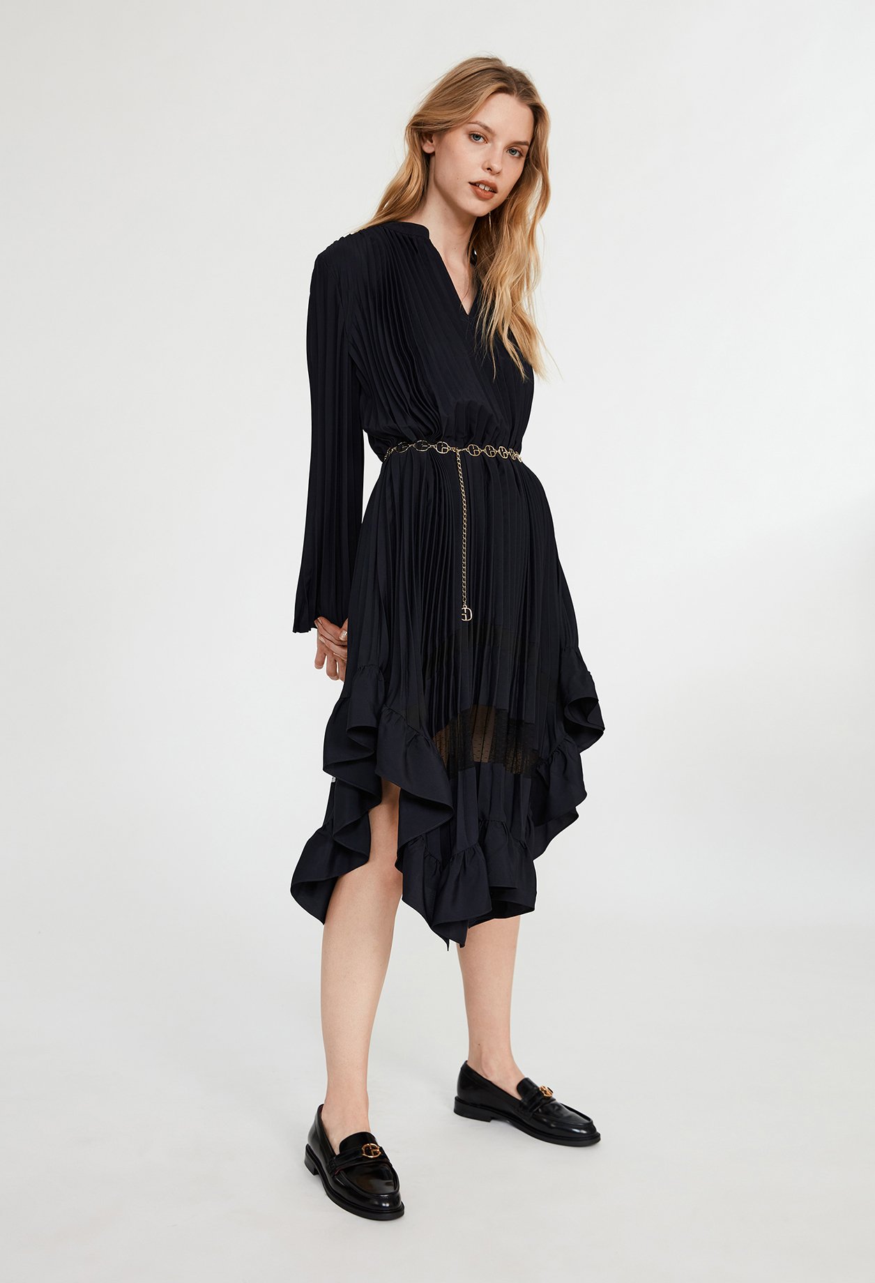 Robe midi plissee asymetrique marine