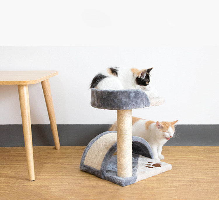 (42cm) Mini Katzen Baum Sisal Kratzsäule mit Tunnel / Plattform / Spiel Maus - Grau / Beige