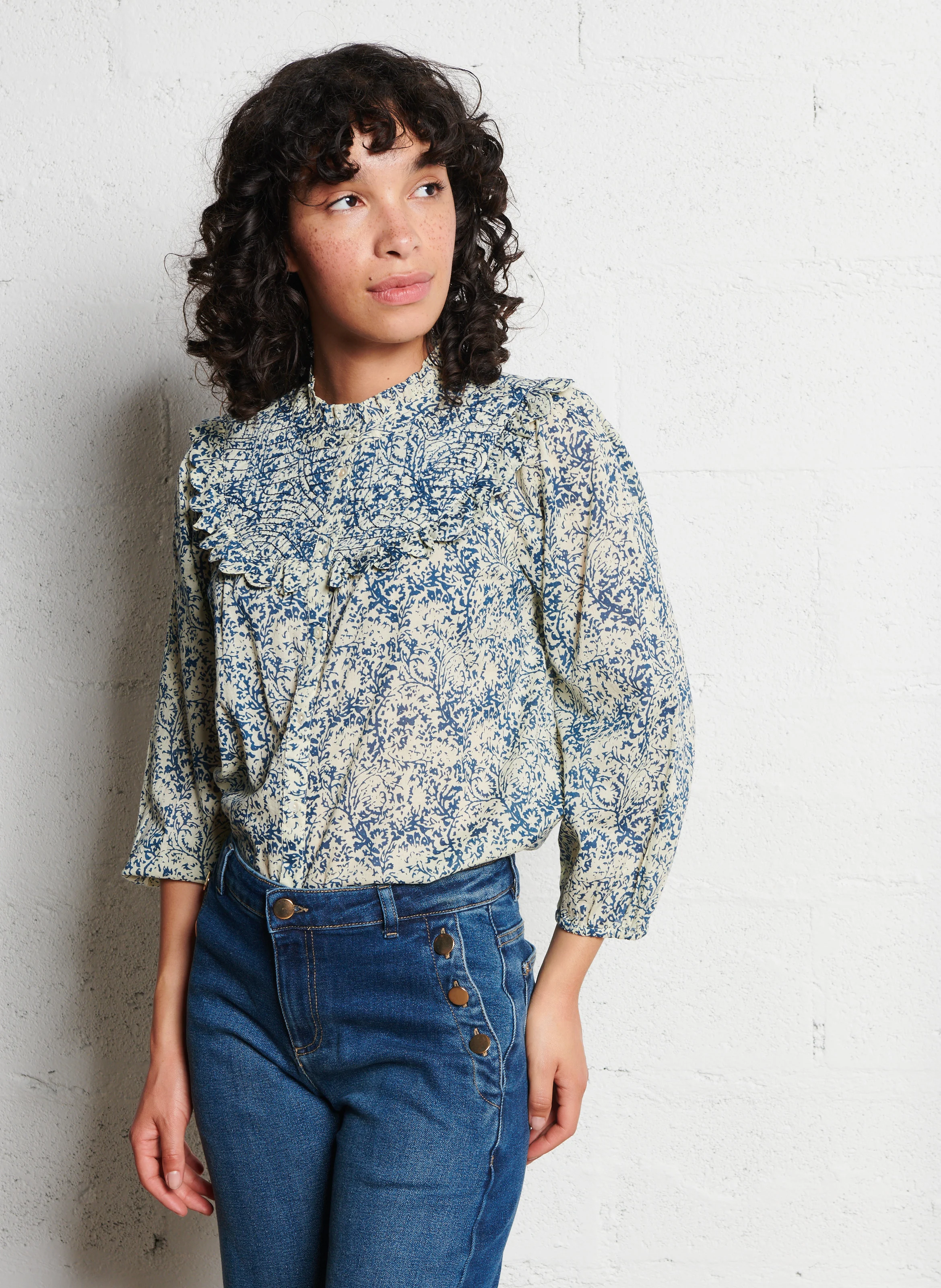 BLANCHE - Blouse col rond en coton | Bleu
