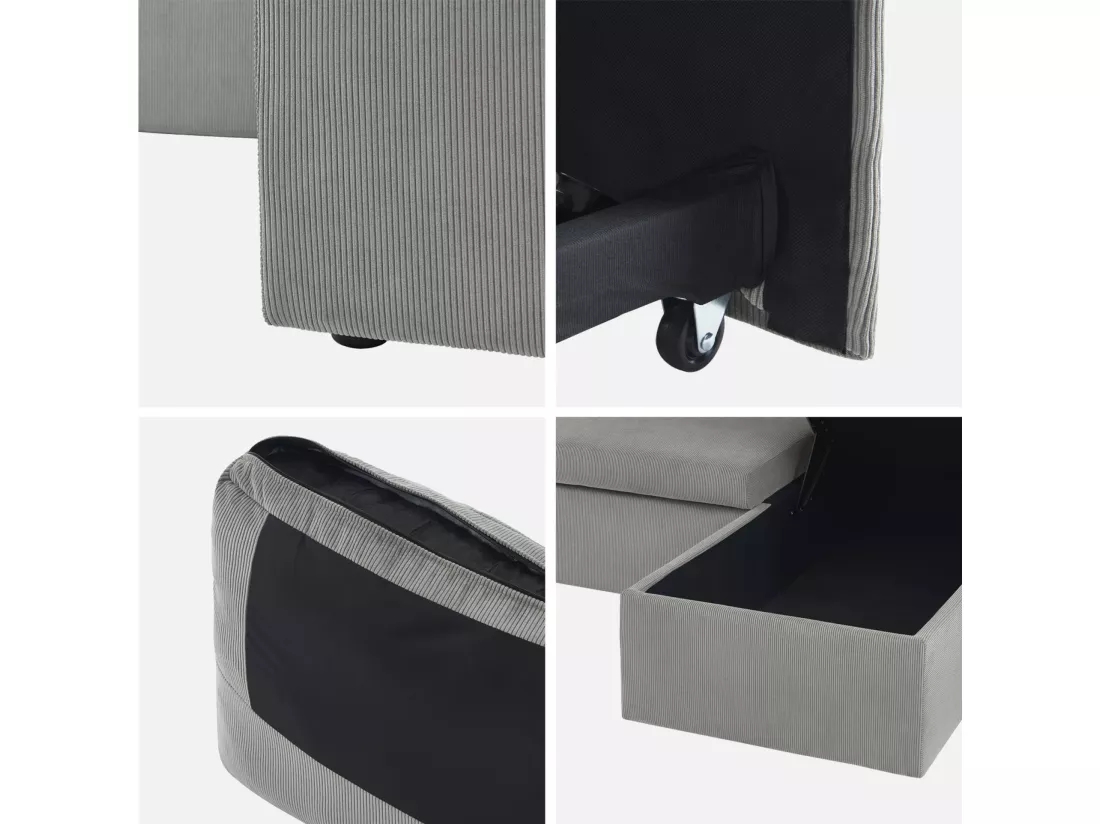 Canapé d'angle convertible en velours côtelé gris clair - IDA - 3 places. fauteuil d'angle réversible coffre rangement lit modulable