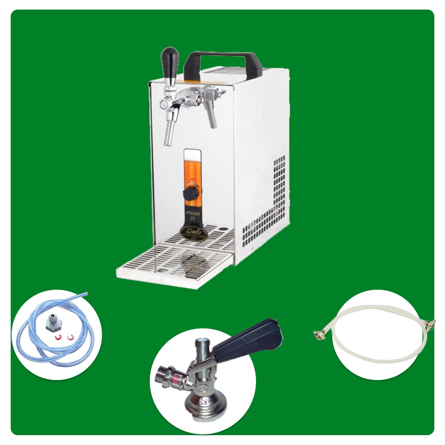 Komplett Set - Zapfanlage, Bierzapfanlage, Bierzapfen PYGMY 20/K mit Membranpumpe, 1-leitig Trockenkühlgerät aus Edelstahl, 25 Liter/h, Green Line, Korb