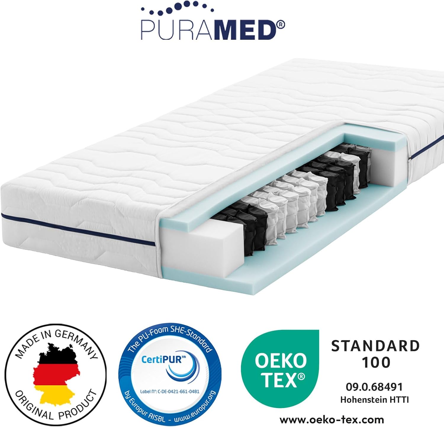 Taschenfederkernmatratze 100x200 cm | Härtegrad H2 | Höhe 20 cm | ergonomische 7-Zonen Matratze | waschbarer Mikrofaser-Bezug | Oeko-TEX® & CertiPUR Zertifiziert | produziert in Deutschland