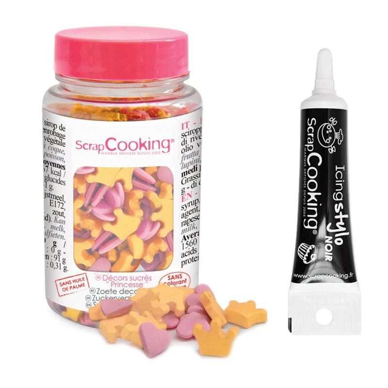 Décors sucrés Princesse 55 g + Stylo de glaçage noir Scrapcooking