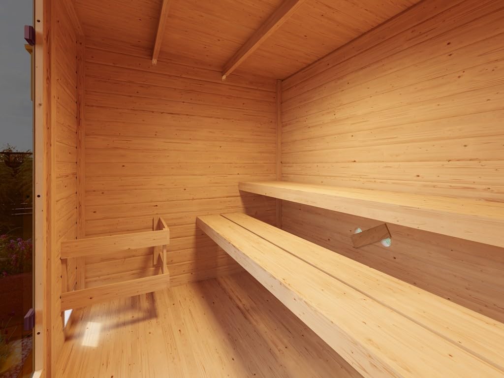 Karibu Gartensauna 230,8x189,9x219,5cm│Garten Sauna aus Fichte 38mm│mit bronzierter Glastür & 2 Liegen│Fronteinstieg│Massivholz│9kW Bio-Kombiofen mit EXT. Steuerung│für2–4Personen+Boden