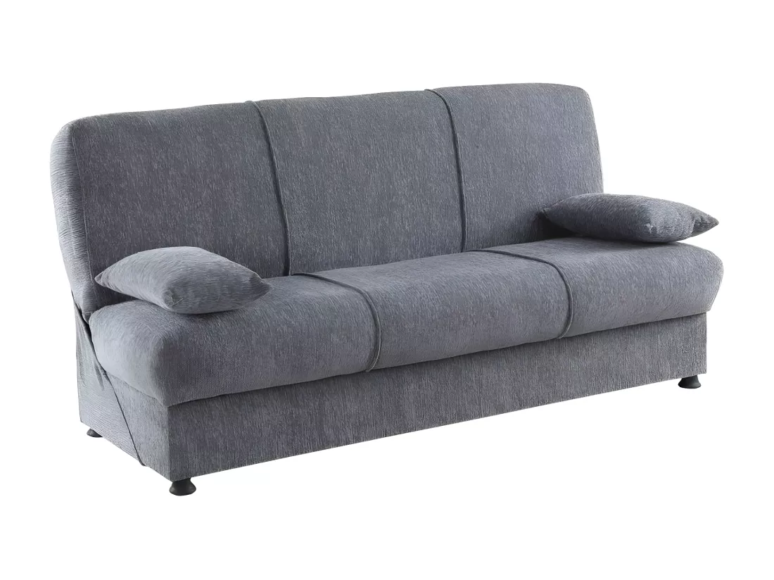 Canapé Alvaro, Canapé conteneur 3 places avec 2 coussins inclus, Canapé de salon en tissu rembourré avec ouverture clic-clac, 180x81h90 cm, Gris