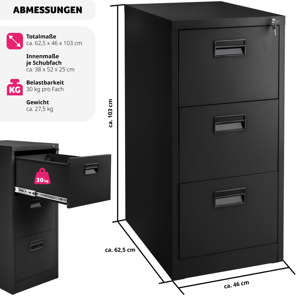 tectake archiefkast van gepoedercoat staal, 62,4 x 46 x 102,8 cm