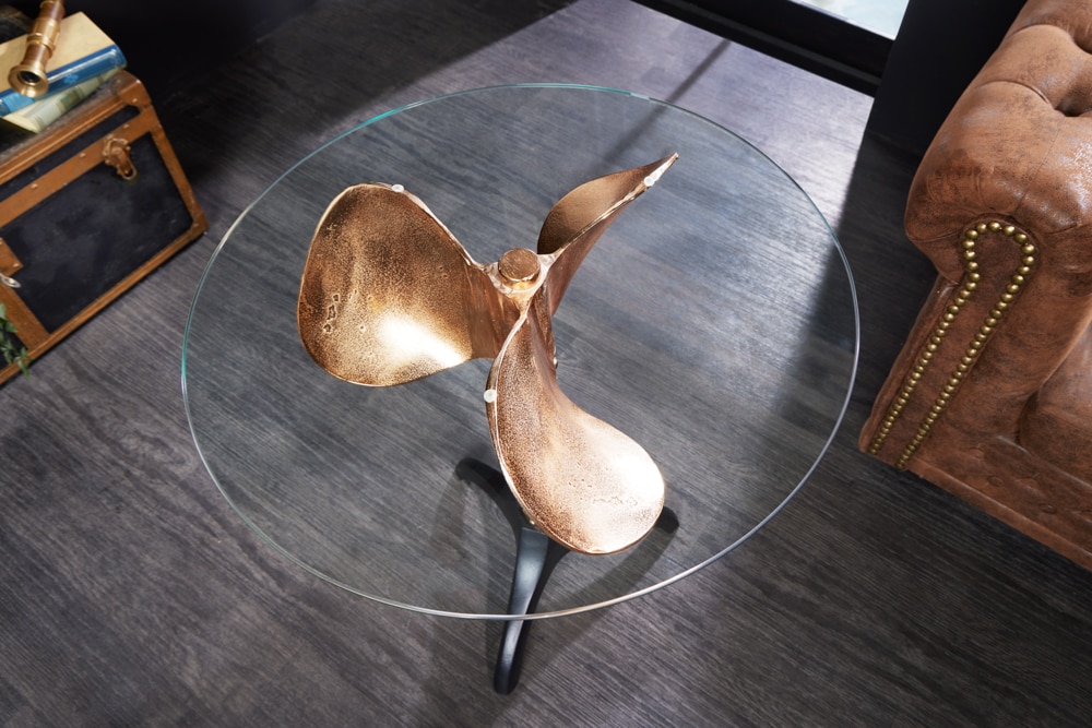 riess-ambiente Beistelltisch OCEAN - Handgefertigter Beistelltisch 75cm gold schwarz Glasplatte Metall maritim rund