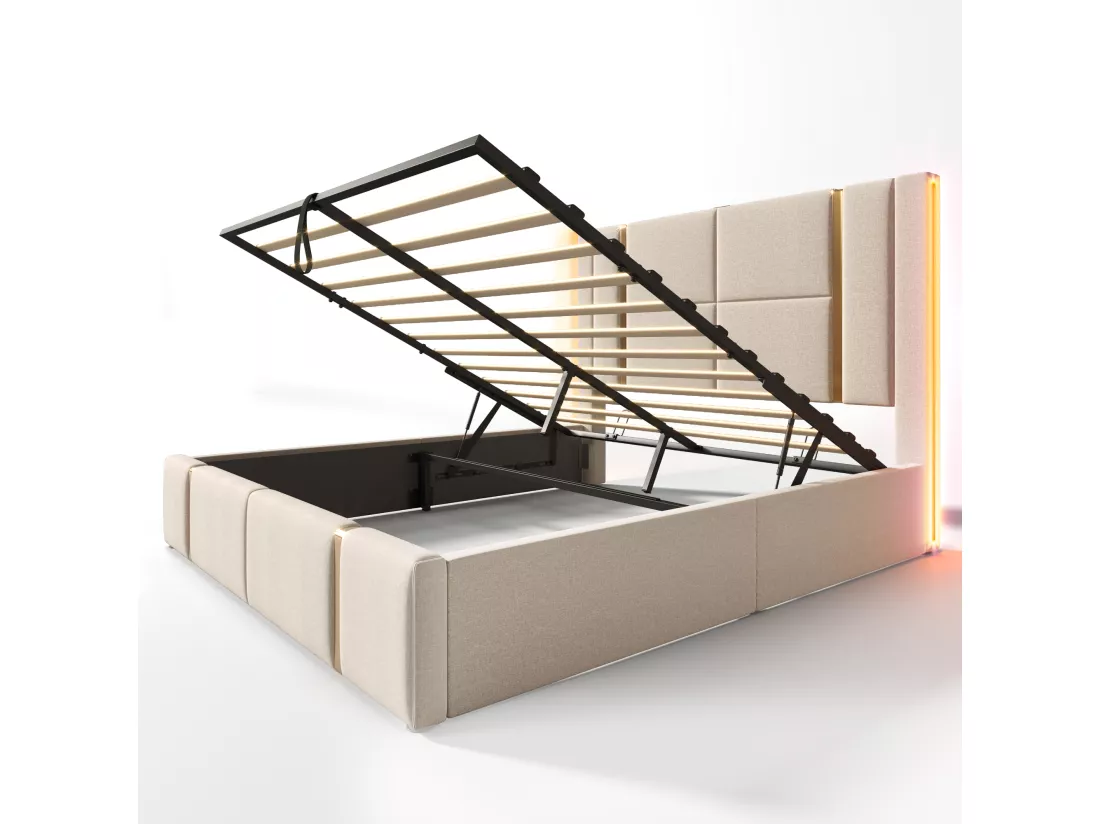 Lit coffre 140x200 cm rembourré en tissu de lin - avec LED et fonction de recharge - avec sommier à lattes - Beige