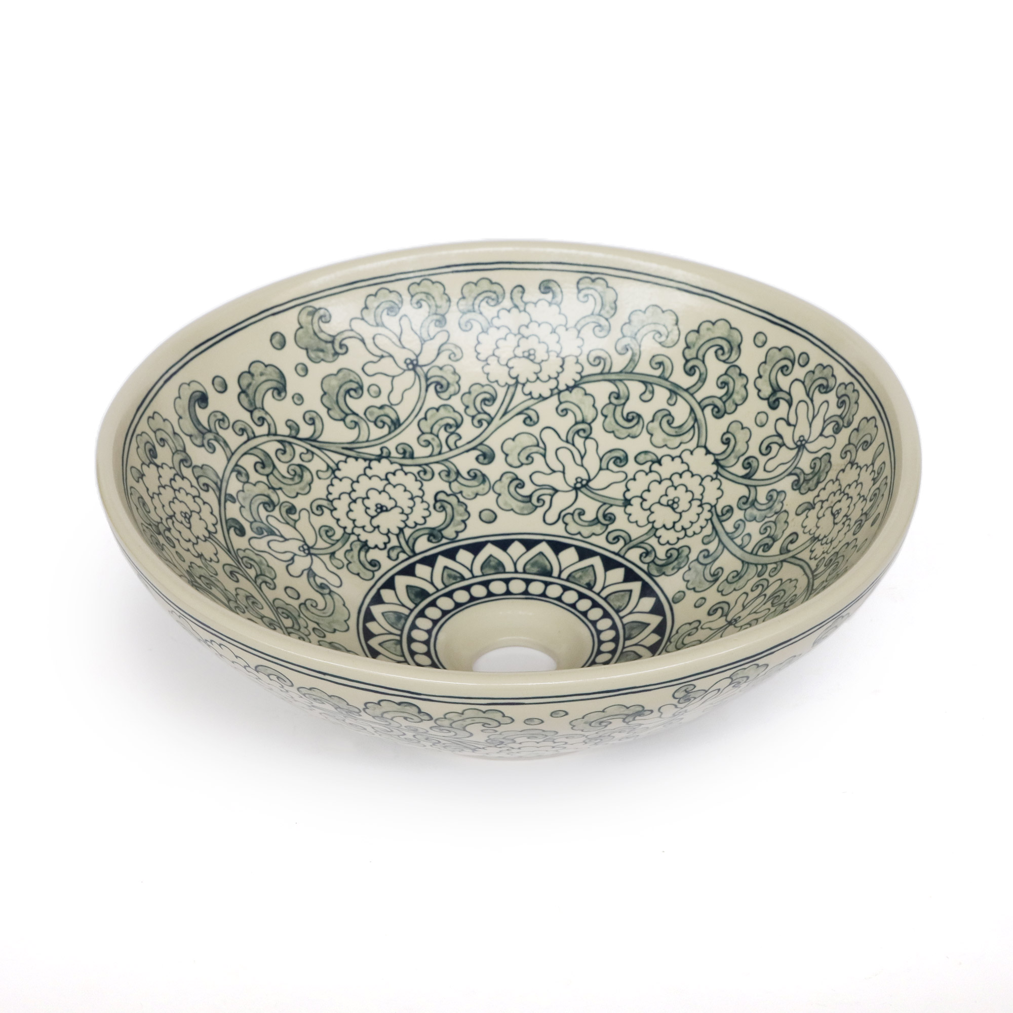 Keramik-Aufsatzwaschbecken 'Floral', hellgrau, blau, Ø 41 cm, H 15 cm von fischer's lagerhaus