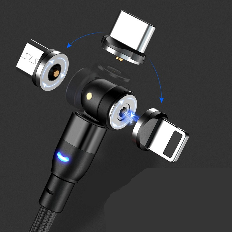 (3m) 3in1 Magnetisches 540 Grad Drehbares USB A auf USB C / Micro USB / Lightning Ladekabel Nylon Geflecht Datenkabel - Schwarz