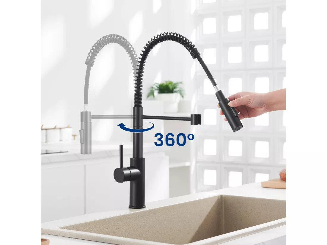 2PCS Mitigeur Cuisine à Ressort avec 2 Modes de Sortie D'eau Mitigeur de Evier avec Douchette Extractible Robinet Cuisine Pivotant à 360° Noir