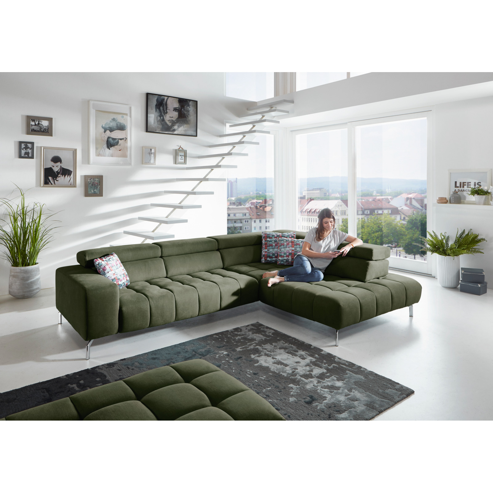 Ecksofa Viola Stoff moos, mit Funktionen, Ottomane rechts