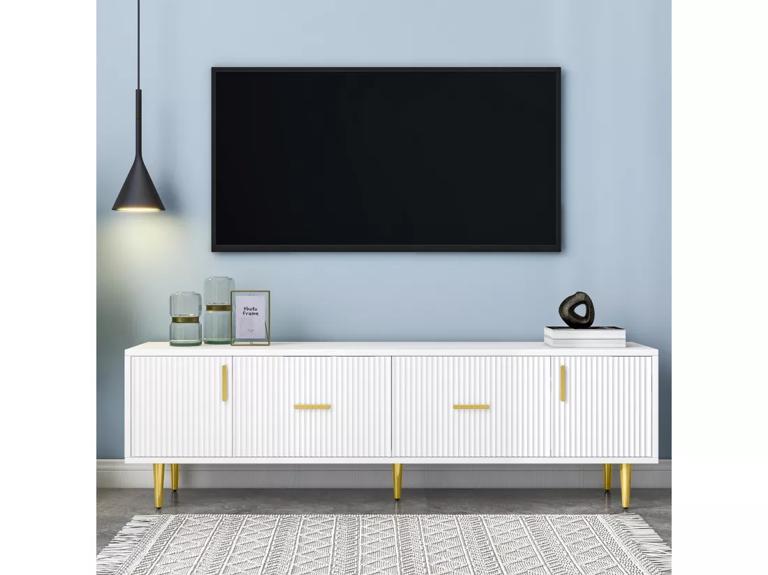 Meuble TV design élégant avec rayures verticales blanc façade poignées dorées avec 2 tiroirs L170 cm DERLA