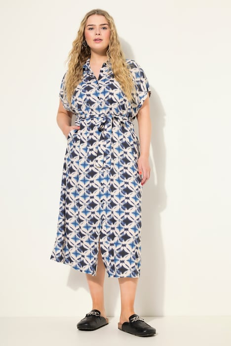 Maxikleid, oversized, Batik-Print, Hemdkragen, Halbarm