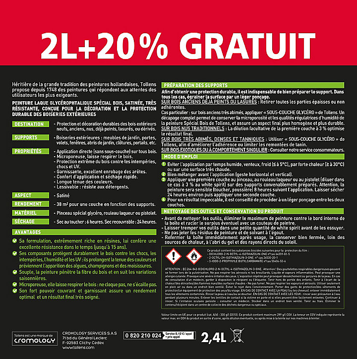 Peinture extérieure bois premium blanc Tollens 2L + 20% gratuit
