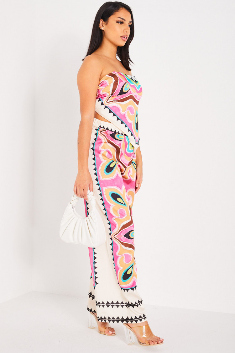 Ensemble 2 pièces crop top + pantalon beige abstrait