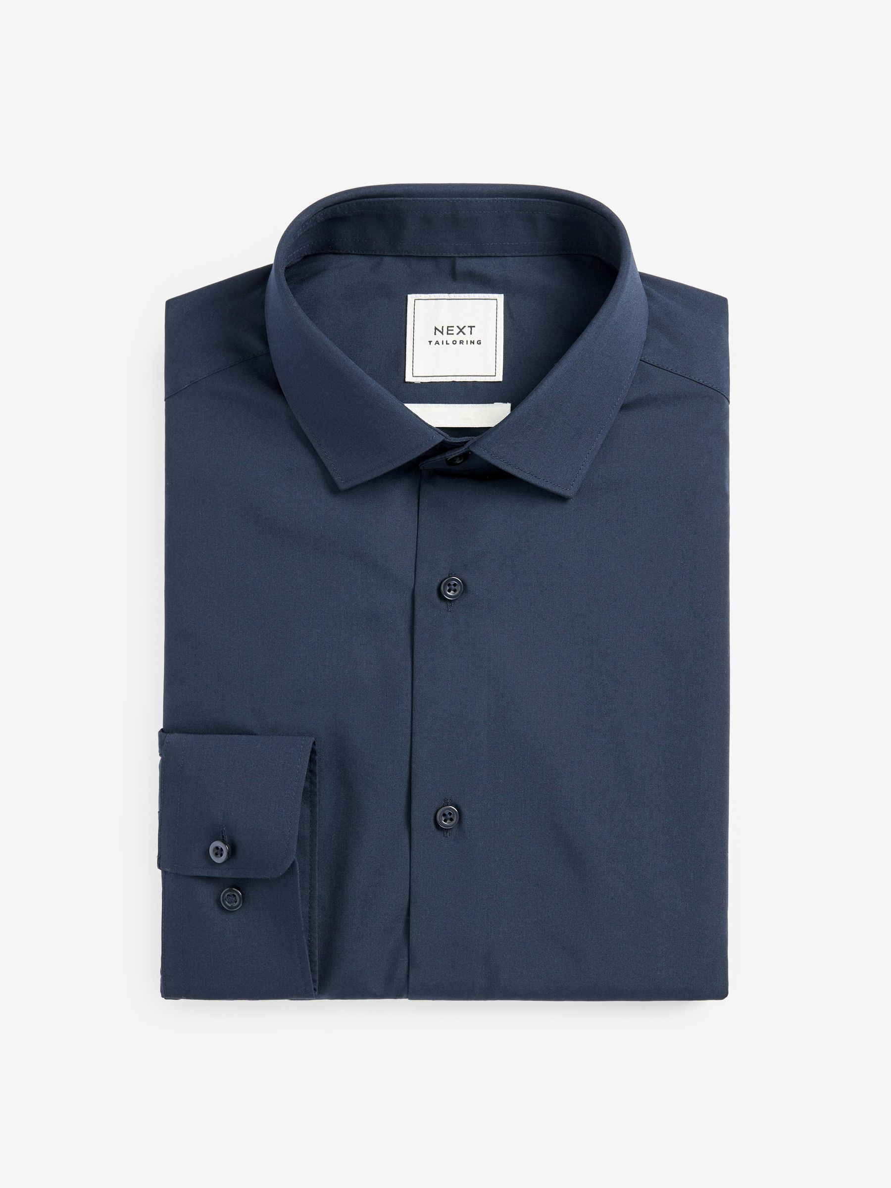 Marineblauw - Slim Fit - Strijkvrij net overhemd met enkele manchet