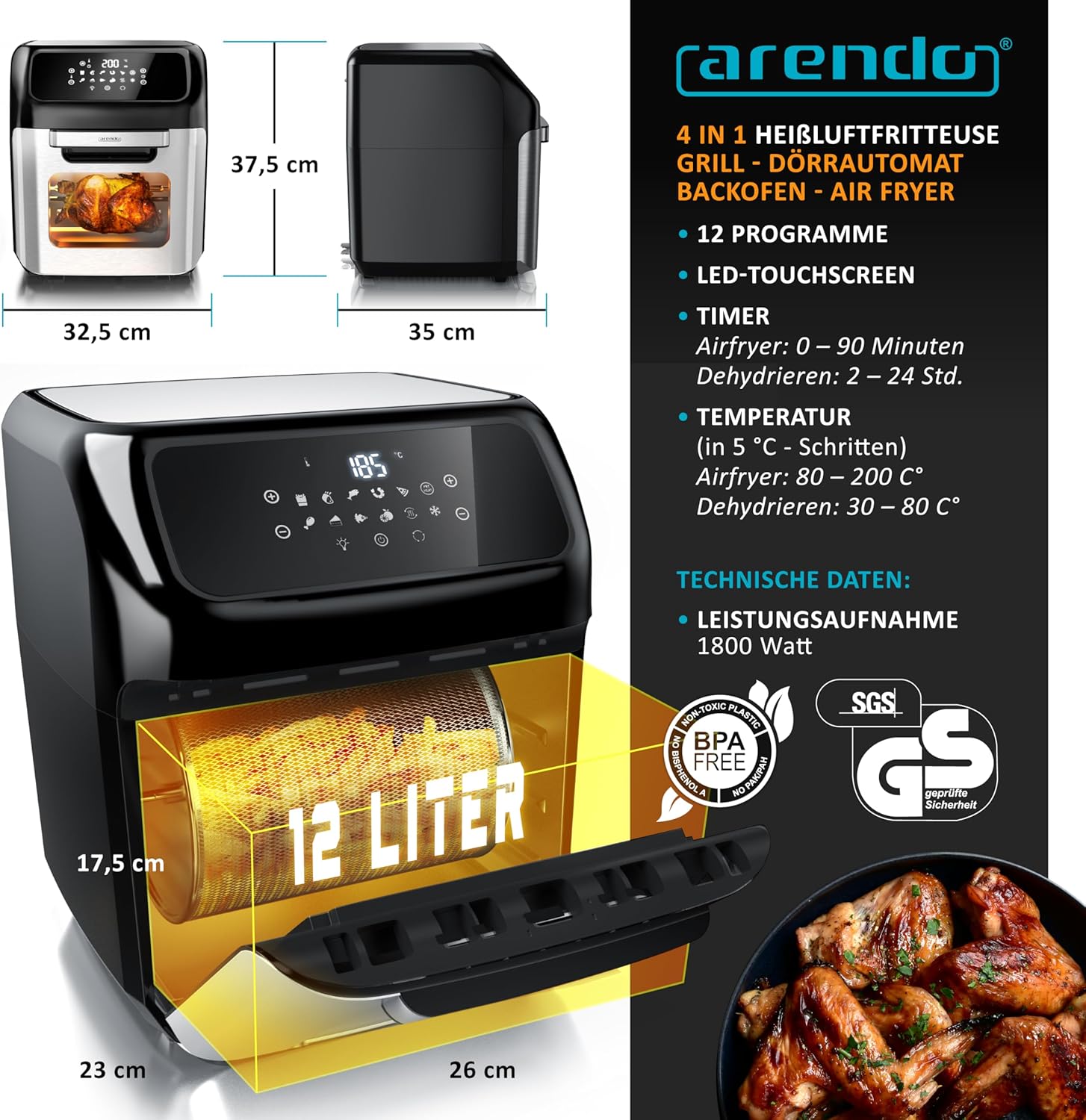 Arendo - Heißluftfritteuse XXL mit LED Touchscreen- 12 Liter - Grill - Dörrautomat - Backofen - Air Fryer - Touchscreen - Easy&Clean - Fritteuse ohne Öl - Umluft - Pizza Hähnchen Pommes - BPA frei
