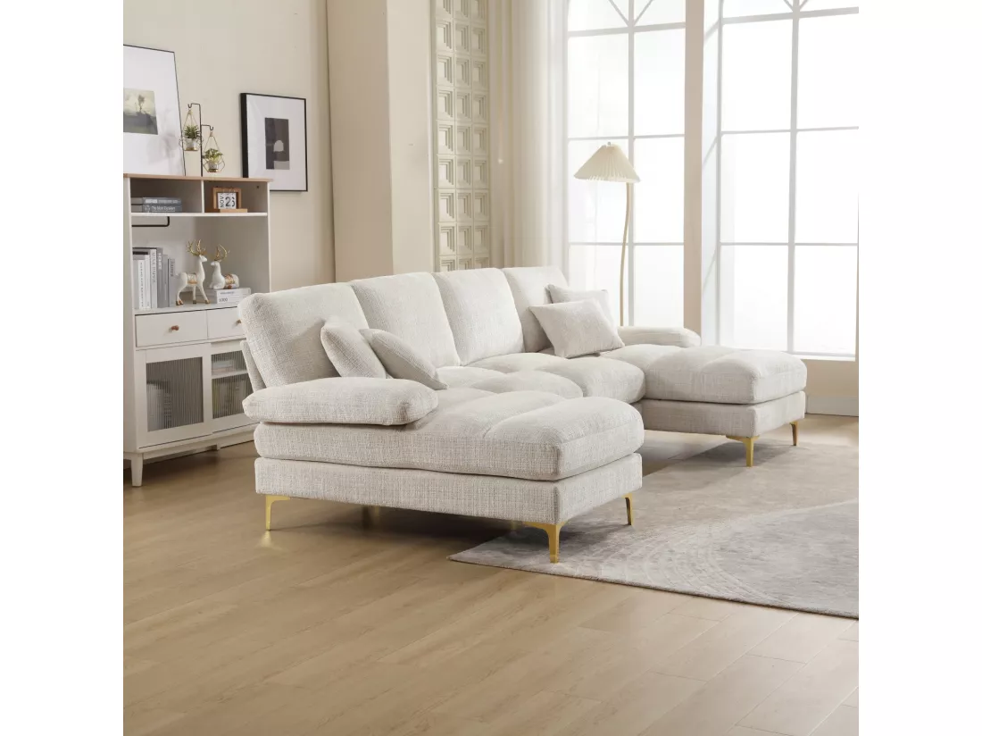Canapé d'angle 4 places, 272x136x88cm,Grand canapé en forme de U, moderne, en tissu chenille, beige