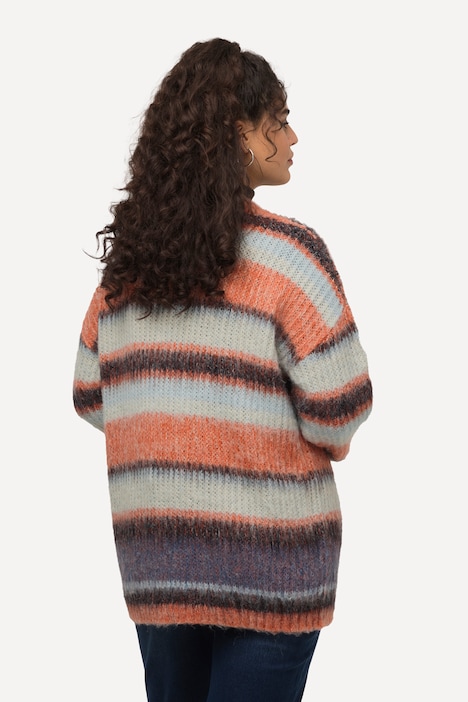 Long-Strickjacke, Ringel, V-Ausschnitt, offene Form