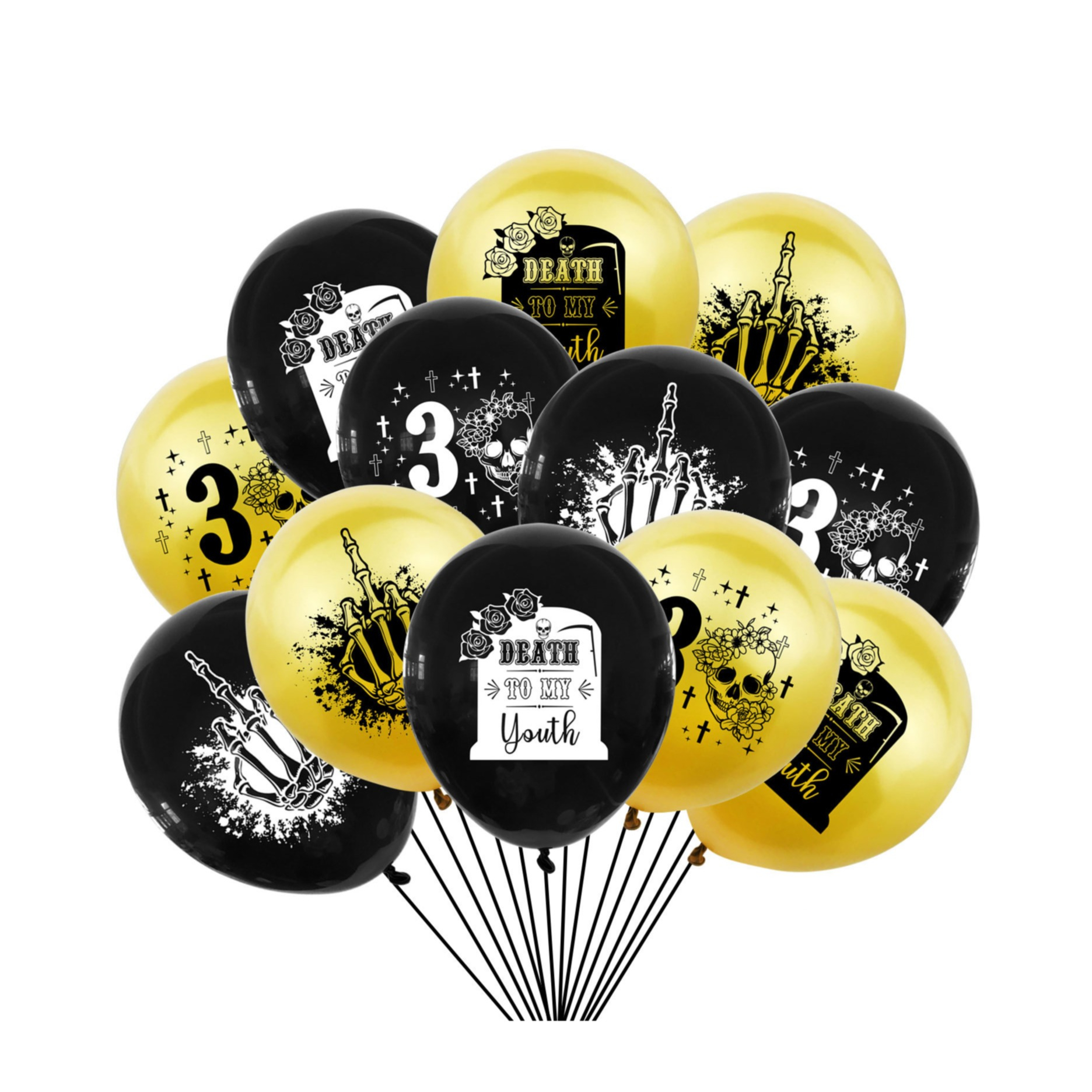 (12er Set) Death to my Youth 30. Geburtstags Luftallons Party Deko Grusel Grabstein Latex Ballons - Schwarz / Gold