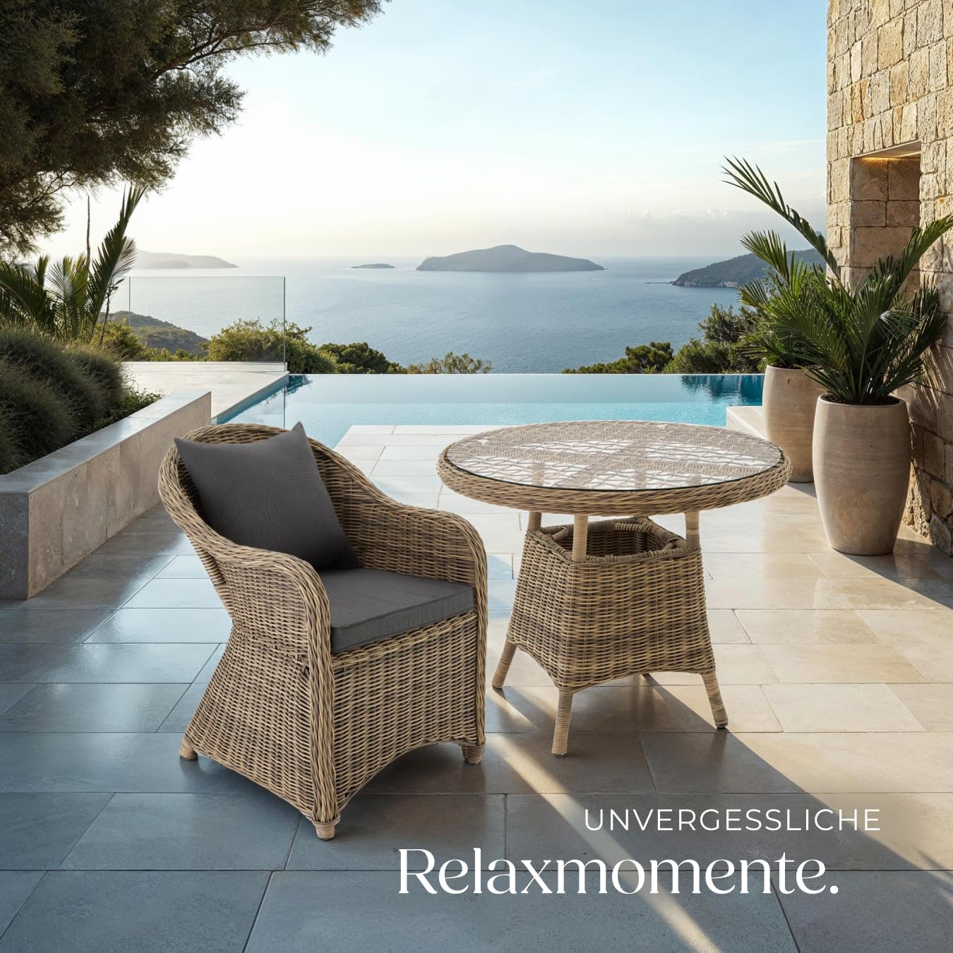tectake® Rattan Stuhl, Garten Sessel, Outdoor Korbsessel mit Rücken- und Sitzkissen, Möbel wetterfest, Gartenmöbel, Balkonmöbel, Wintergarten - Natur