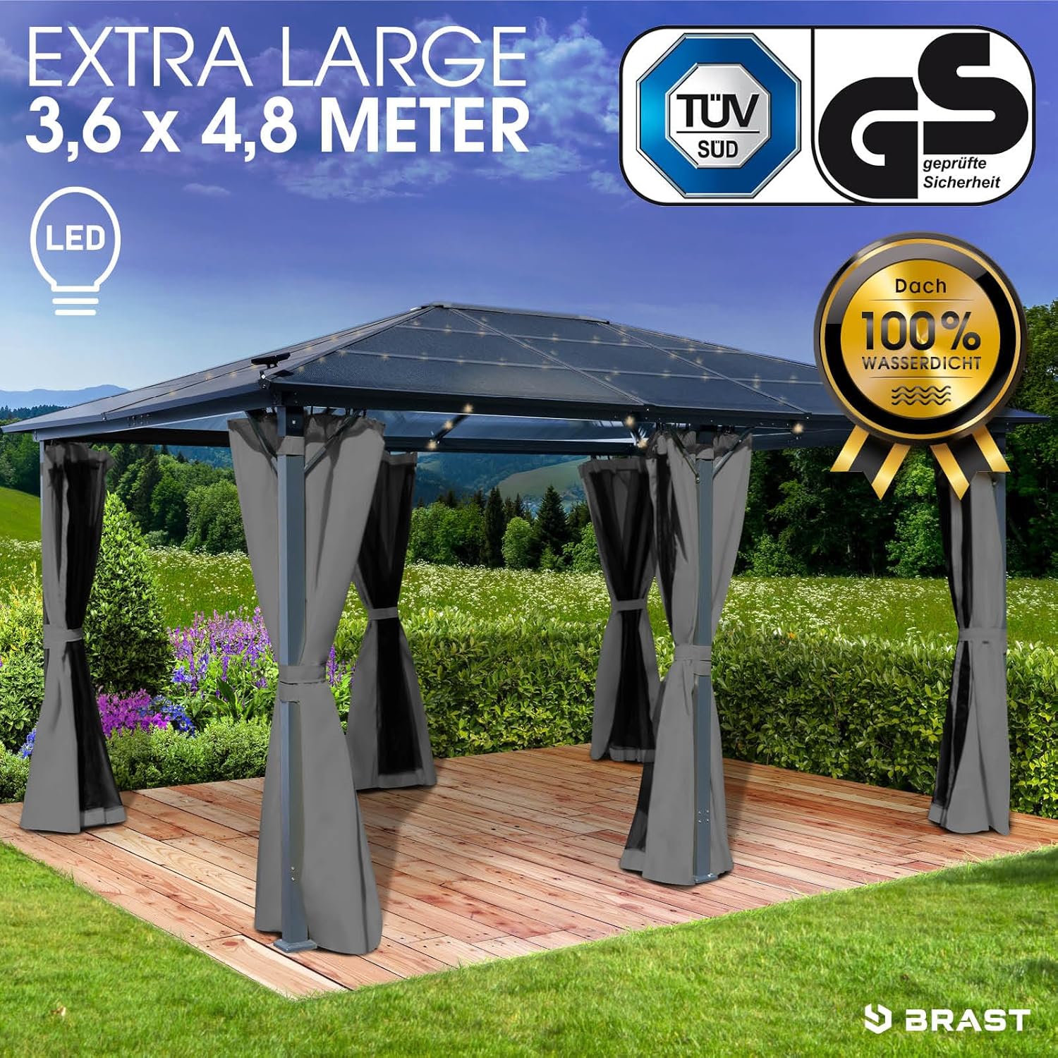 BRAST® Alu Pavillon Premium | viele Modelle & Farben | Größen 3x4m 3,6x4,8m | inkl. Moskitonetz + LED | TÜV geprüft | wasserdicht | UV-Schutz | festes Dach | 3,6x4,8m Grau LED
