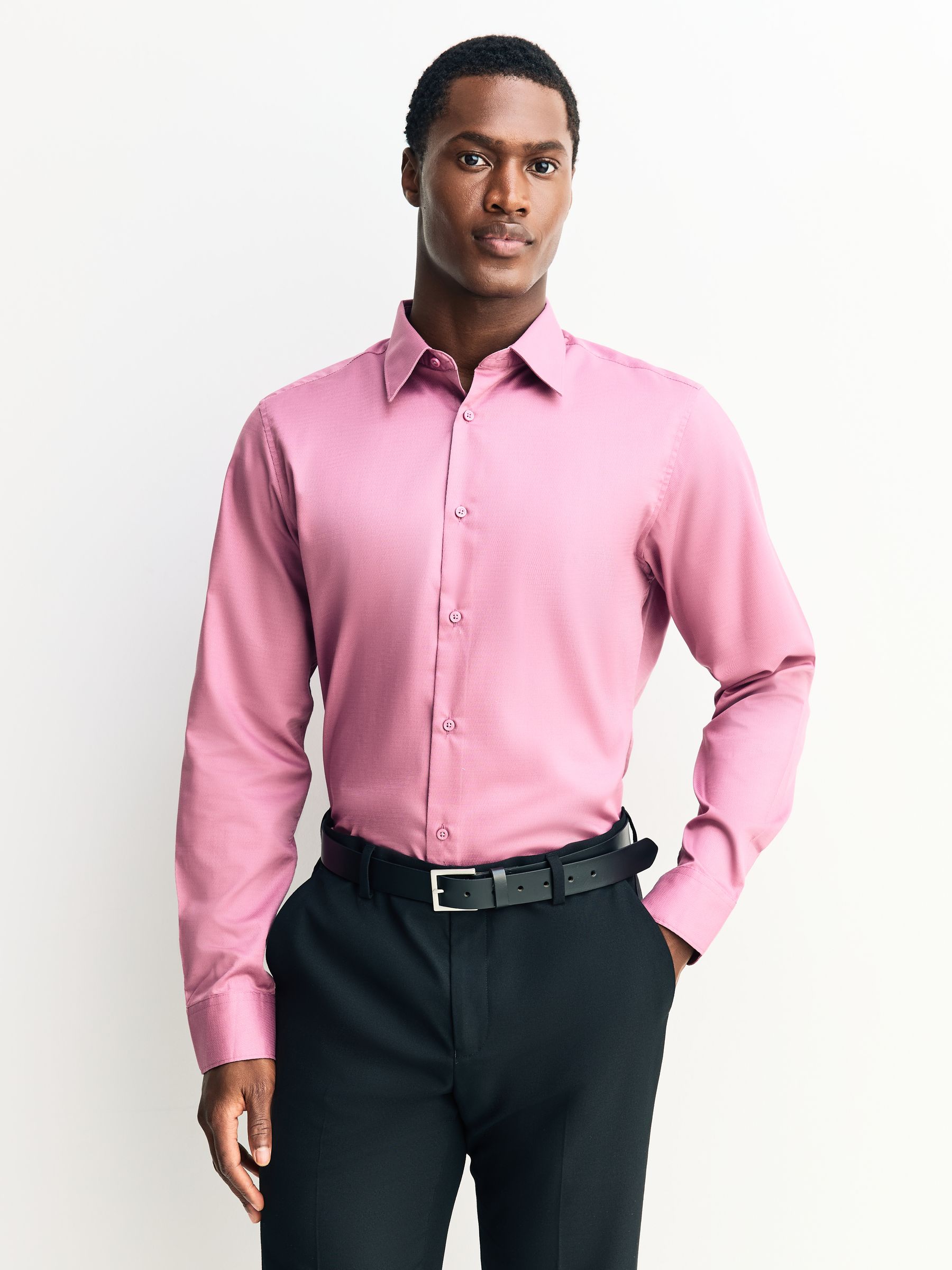 Roze - Slim Fit - Onderhoudsvriendelijk, getextureerd, slim fit overhemd met enkele manchet
