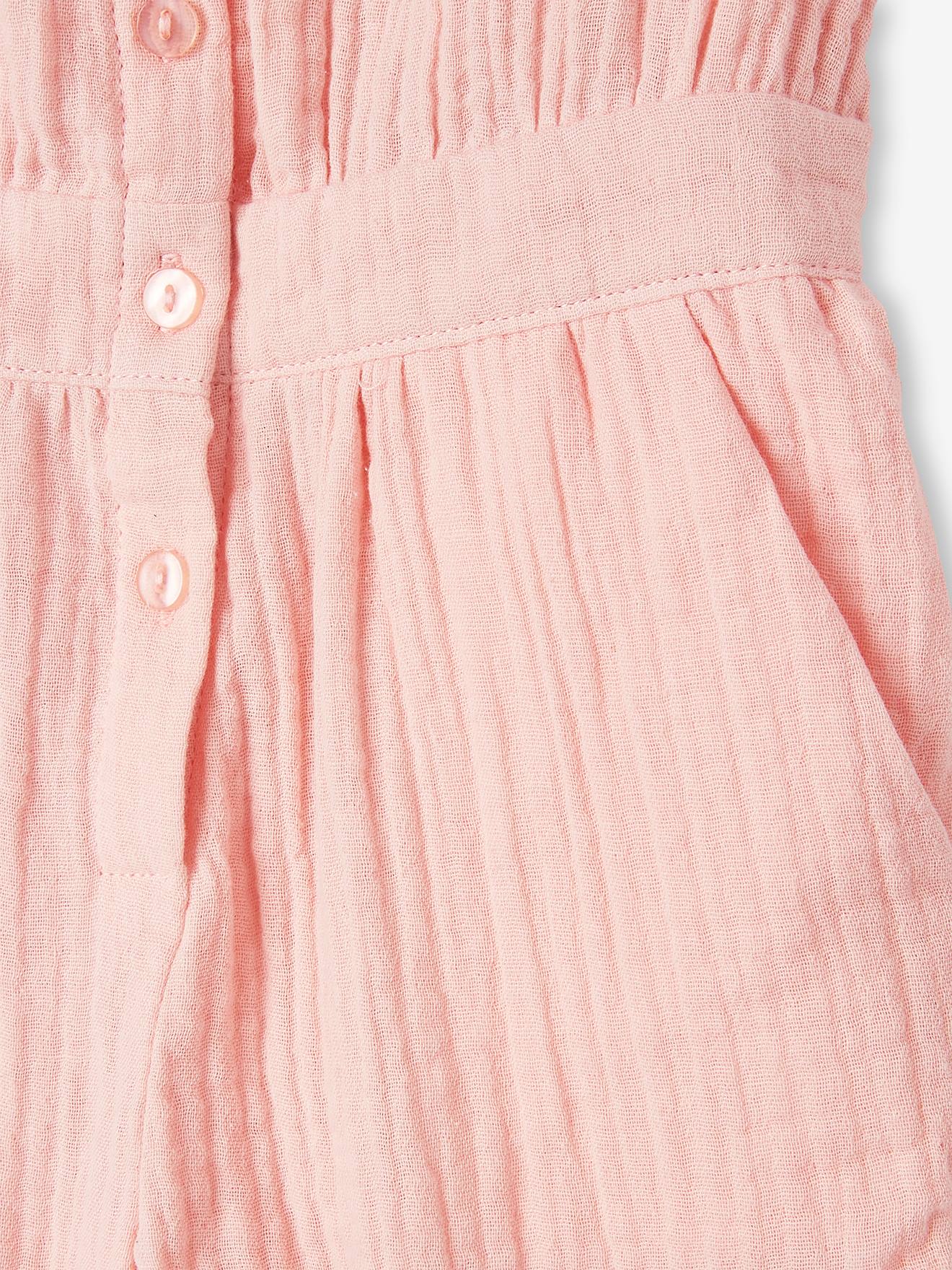 Macacão rosa claro de chiffon de algodão com gola bordada em estilo inglês para meninas