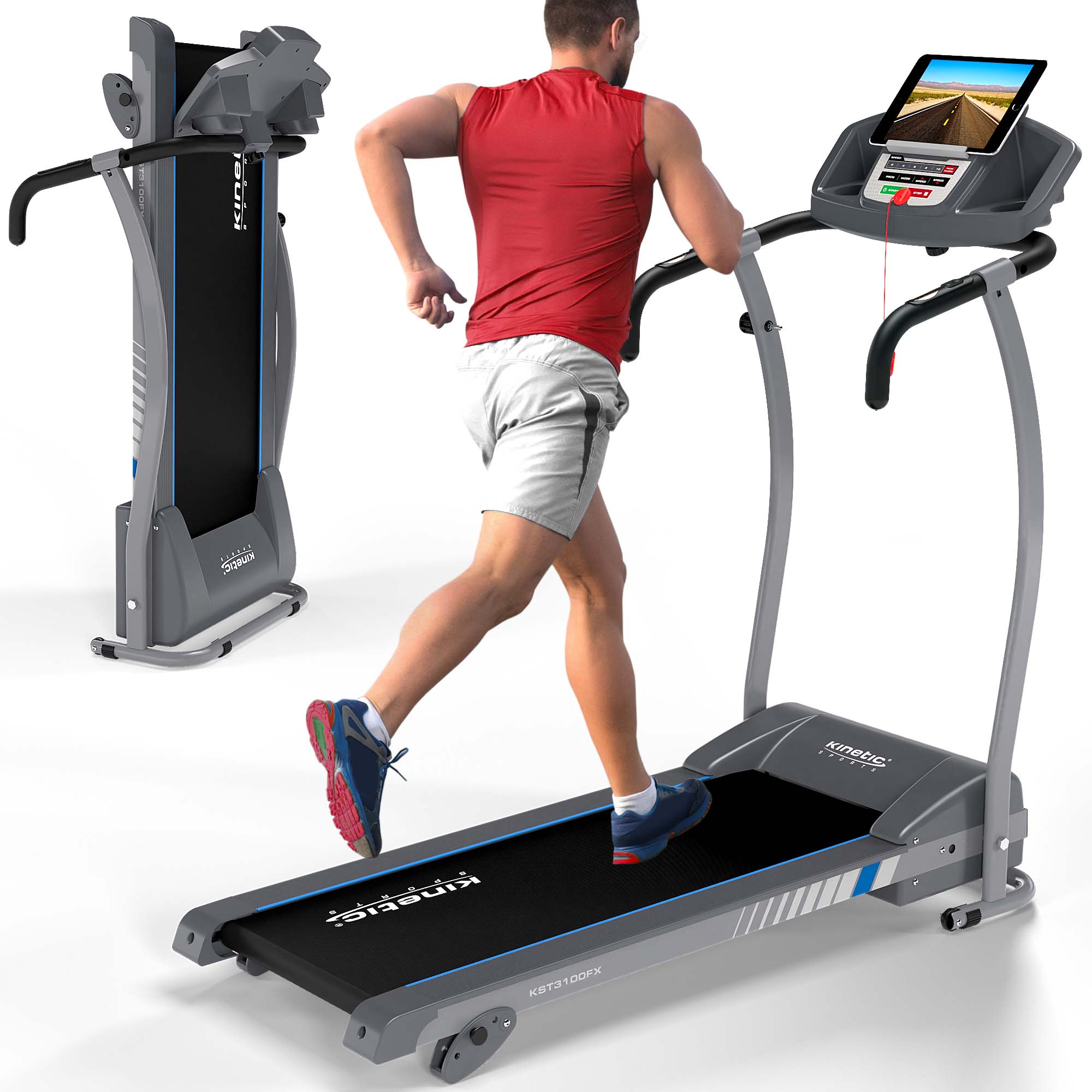 KINETIC SPORTS Laufband KST3100FX mit 1100 Watt leiser Elektromotor - Stufenlos bis 12 km/h, 12 Programme für Geh- und Lauftraining, Tablethalterung mit LCD-Display, max. Belastung 125 kg | Standard